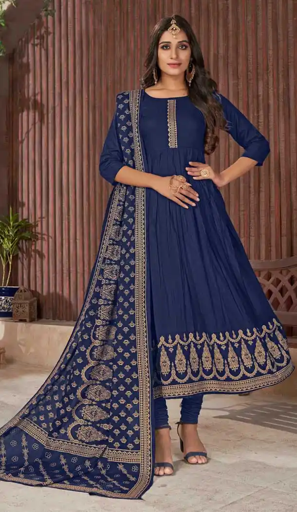 Blue Color Rayon Designer Plus Size Readymade Party Wear Anarkali Kurti - 2616140741