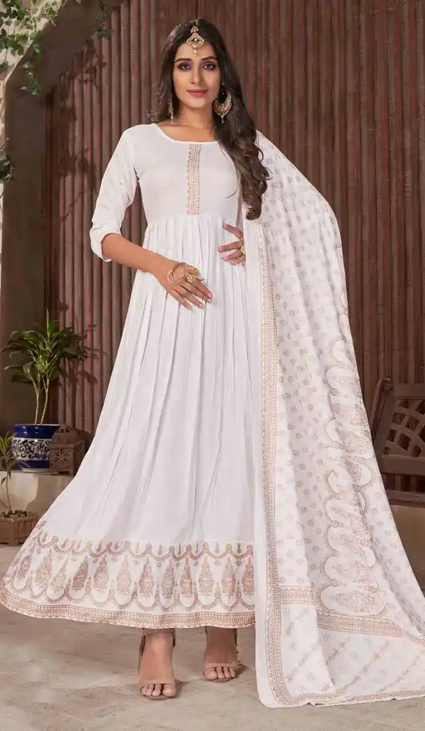 White Color Rayon Designer Plus Size Readymade Party Wear Anarkali Kurti - 2616140742