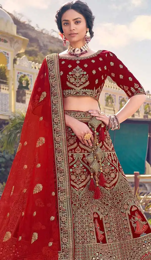 Deep Red Color Velvet Designer Bridal Wedding Wear Lehenga Choli - 2621140776
