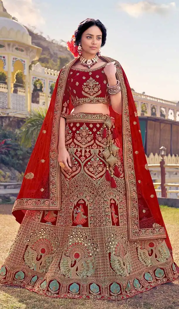 Deep Red Color Velvet Designer Bridal Wedding Wear Lehenga Choli - 2621140776