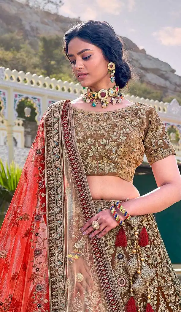 Brass Brown Color Velvet Designer Bridal Wedding Wear Lehenga Choli - 2621140777