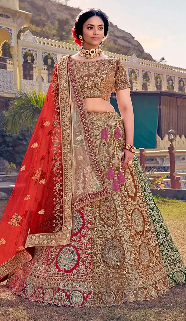 Brass Brown Color Velvet Designer Bridal Wedding Wear Lehenga Choli - 2621140777