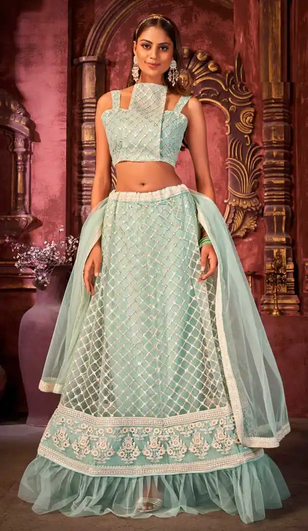 Sky Blue Color Net Designer Party Wear Plus Size Lehenga Choli - 2622140781