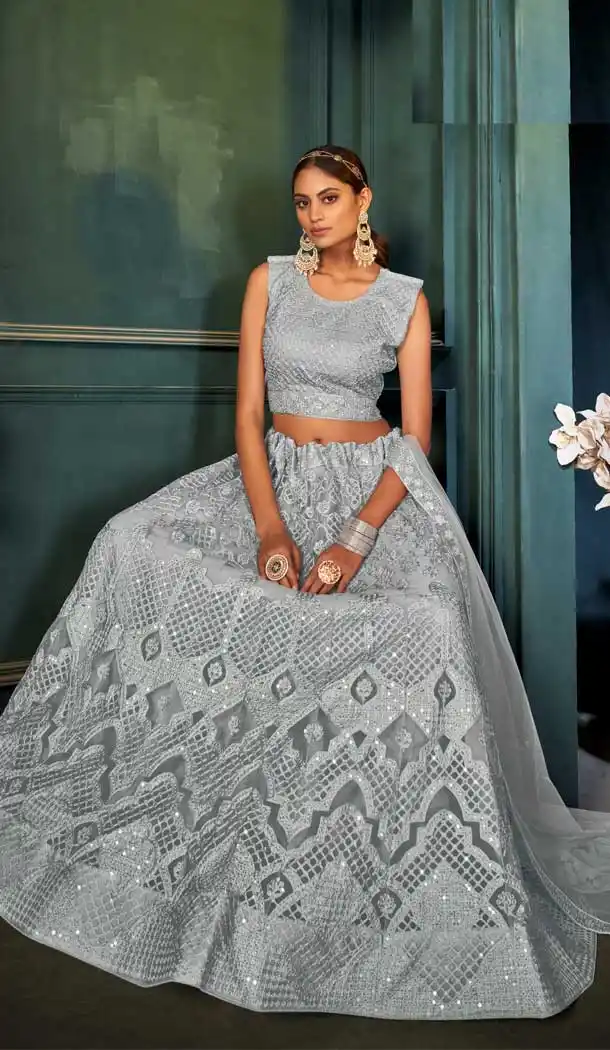 Gray Color Net Traditional Party Wear Plus Size Lehenga Choli - 2622140783