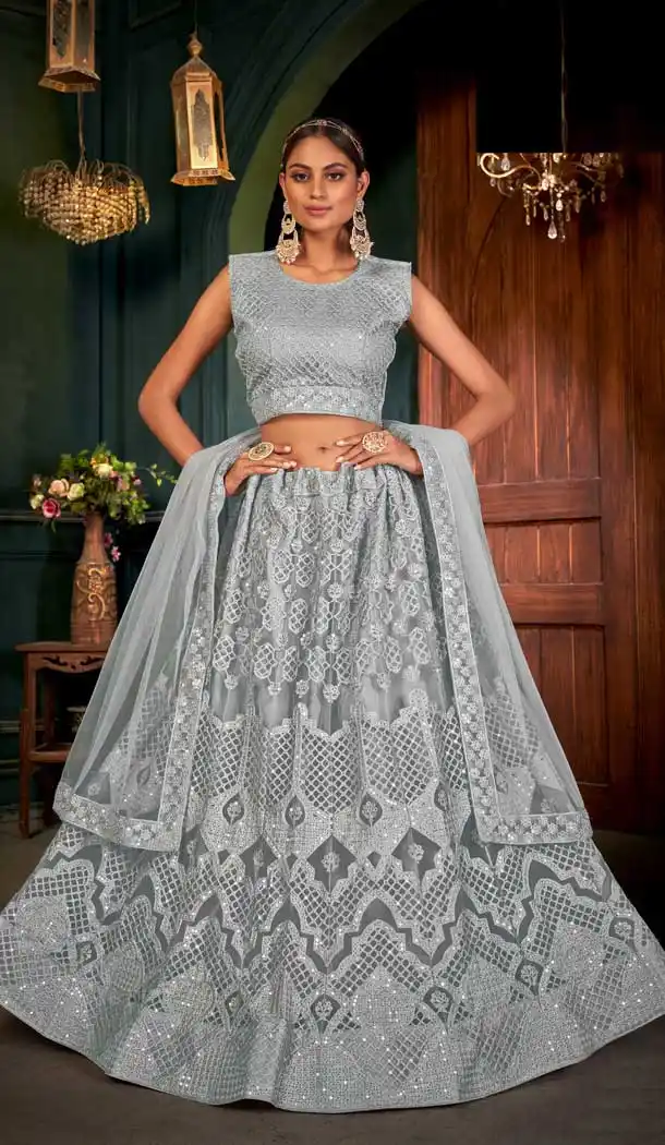 Gray Color Net Traditional Party Wear Plus Size Lehenga Choli - 2622140783