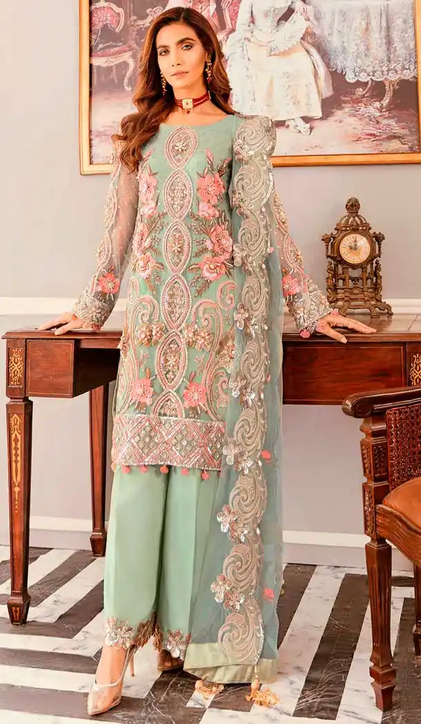 Green Color Soft Net Party Wear Plus Size Palazzo Salwar Suit - 2625140790