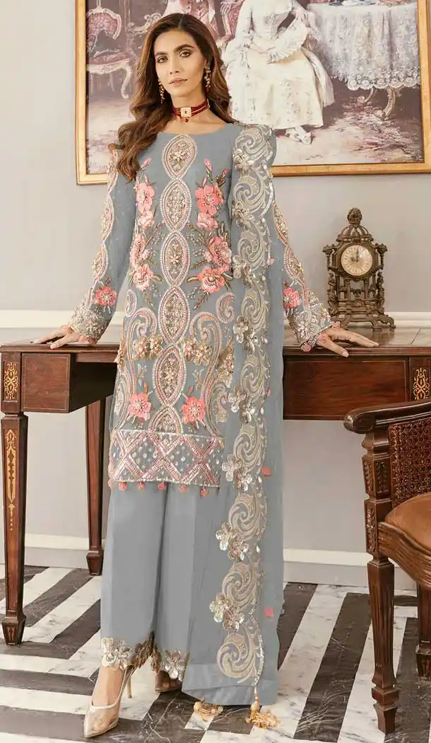 Gray Color Soft Net Designer Party Wear Plus Size Palazzo Salwar Suit - 2625140795