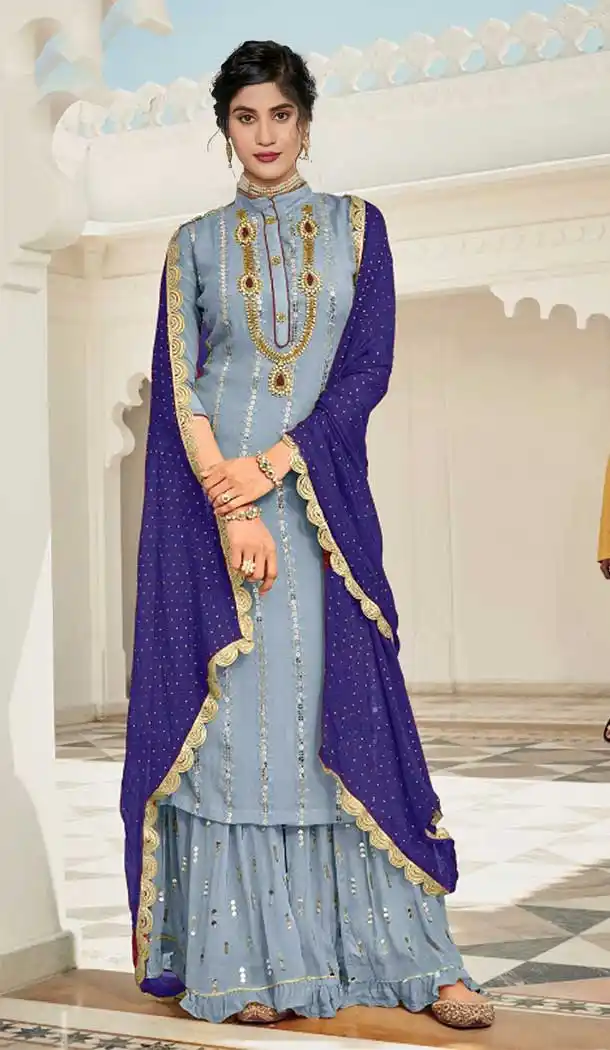 Grey Color Heavy Georgette Pakistani Style Eid Wear Sharara Suit -2647140982