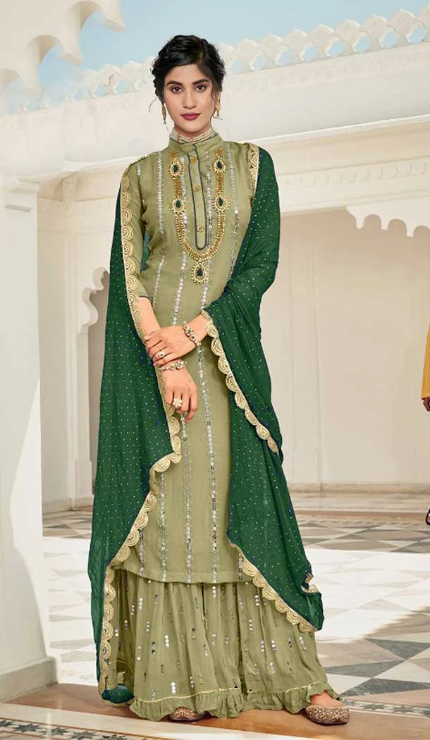 Pista Green Color Heavy Georgette Pakistani Style Eid Wear Sharara Suit -2647140983