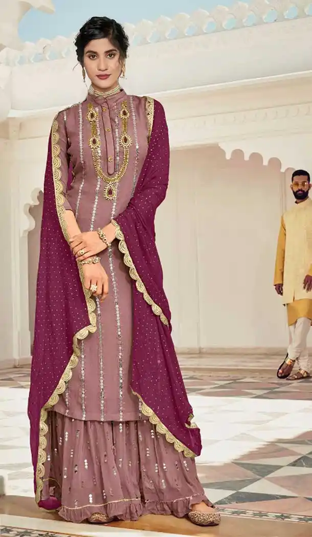 Wine Color Heavy Georgette Pakistani Style Eid Wear Sharara Suit -2647140984
