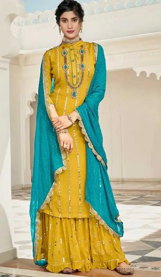 Yallow Color Heavy Georgette Pakistani Style Eid Wear Sharara Suit -2647140985
