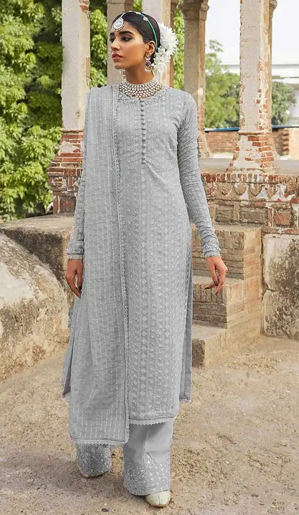 Gray Color Fox Georgette Pakistani Style Eid Party Wear Salwar Suit -2648140988