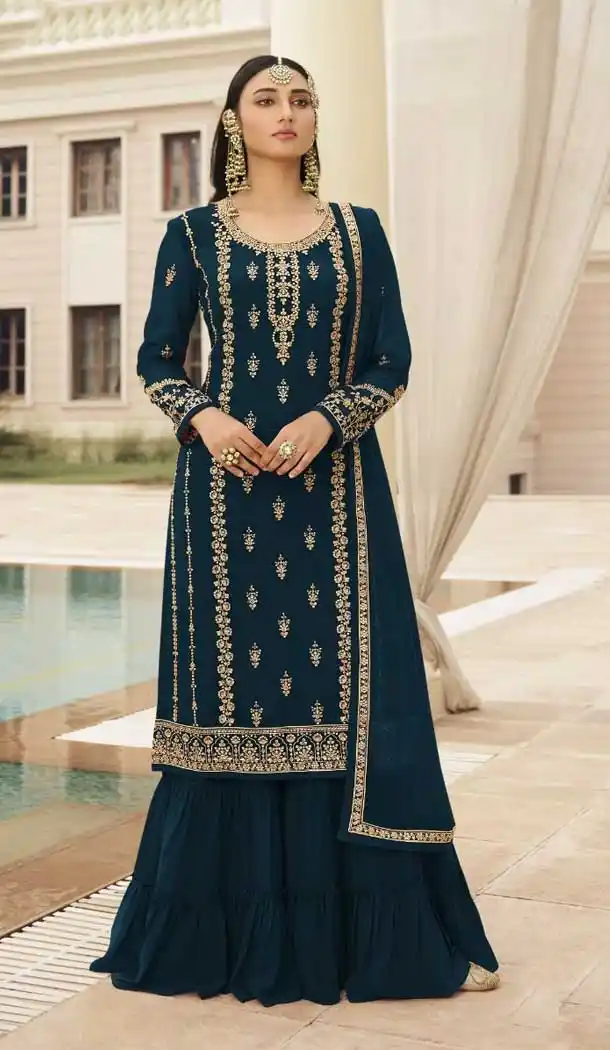 Tel Blue Color Fox Georgette Pakistani Style Eid Wear Sharara Kameez -2661141022