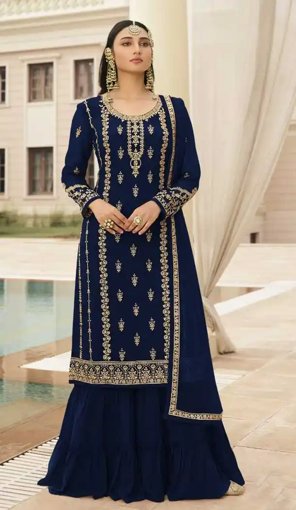 Blue Color Fox Georgette Pakistani Style Eid Wear Sharara Kameez -2661141024