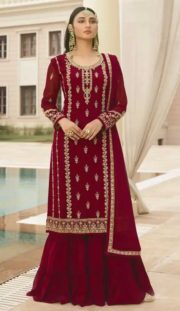Red Color Fox Georgette Pakistani Style Eid Wear Sharara Kameez -2661141025