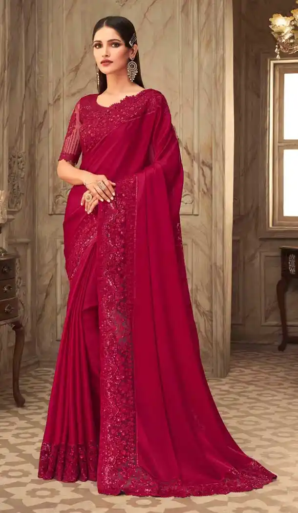 Rani Pink Color Angel Silk Embroidery Designer Party Wear Saree -2673141098