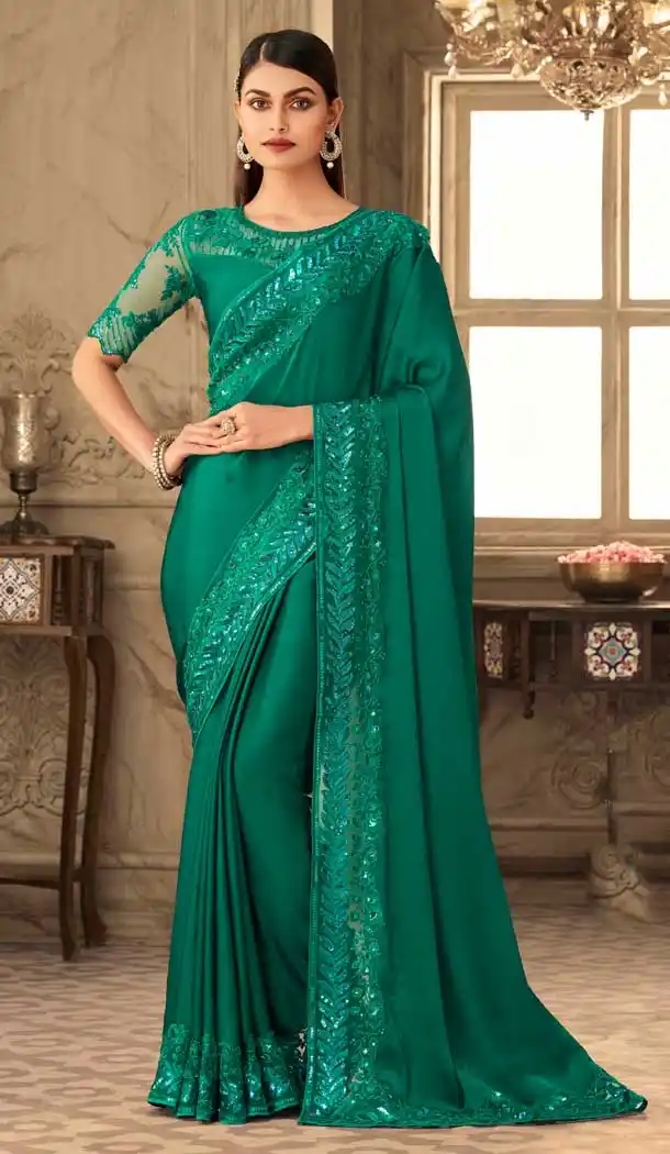 See Green Color Angel Silk Embroidery Designer Party Wear Saree -2673141099