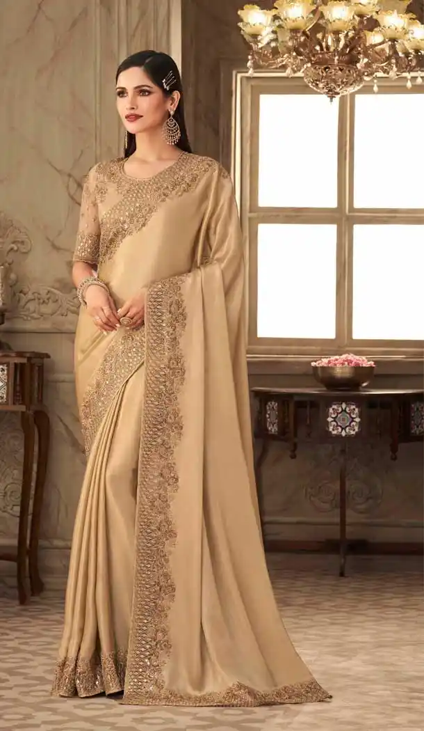 Beige Color Shimmer Silk Embroidery Designer Party Wear Saree -2673141100