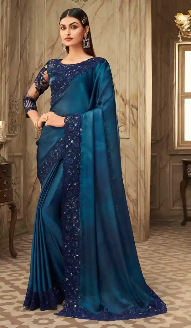 Light Blue Color Shaded Silk Embroidery Designer Party Wear Saree -2673141108