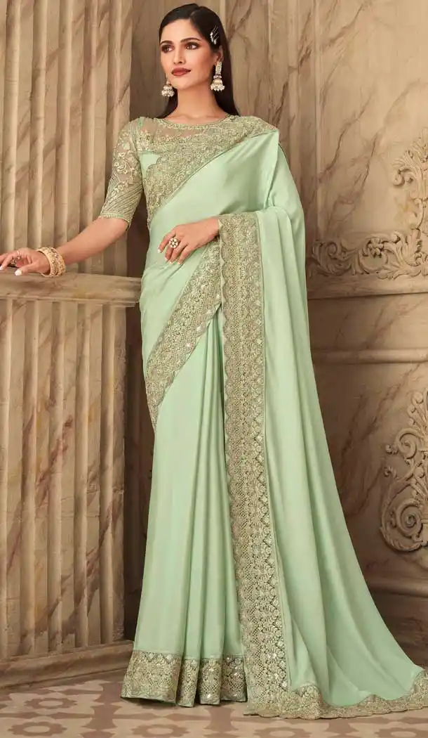 Pista Green Color Classic Silk Embroidery Designer Party Wear Saree -2673141109