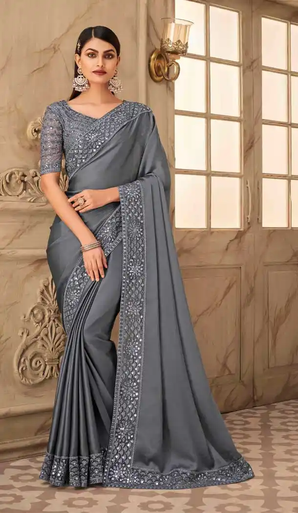 Elite Look Grey Color Angel Silk Embroidery Designer Party Wear Saree -2673141110