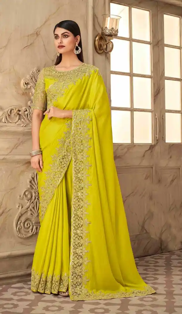 Lemon Color Neon Silk Embroidery Designer Party Wear Saree -2673141111