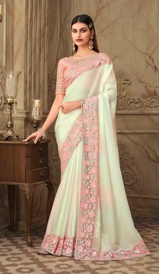 Off White Color Rainbow Silk Embroidery Designer Party Wear Saree -2673141112