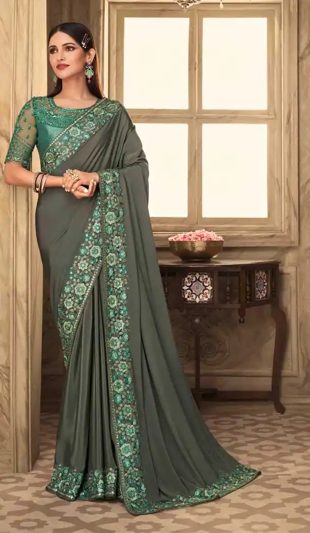 Elegant Grey Color Classic Silk Embroidery Designer Party Wear Saree -2673141113
