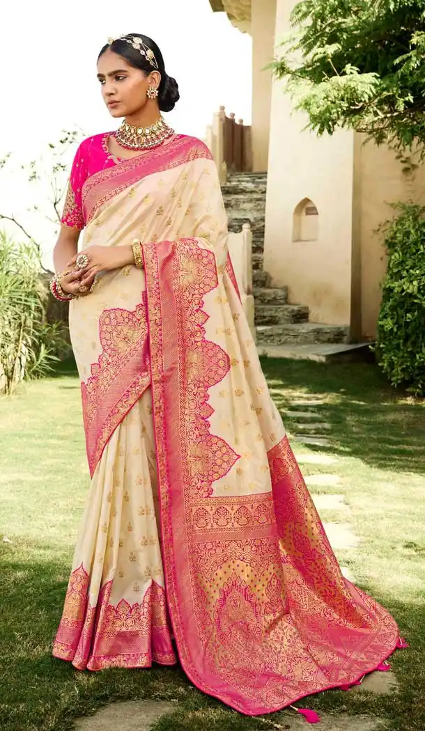 Cream Color Silk Jacquard Traditional Party Wear Designer Saree Blouse -2678141153