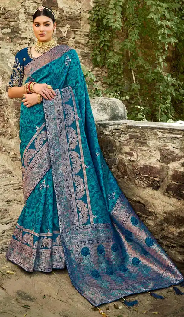 Rama Blue Color Silk Jacquard Traditional Party Wear Designer Saree Blouse -2678141155