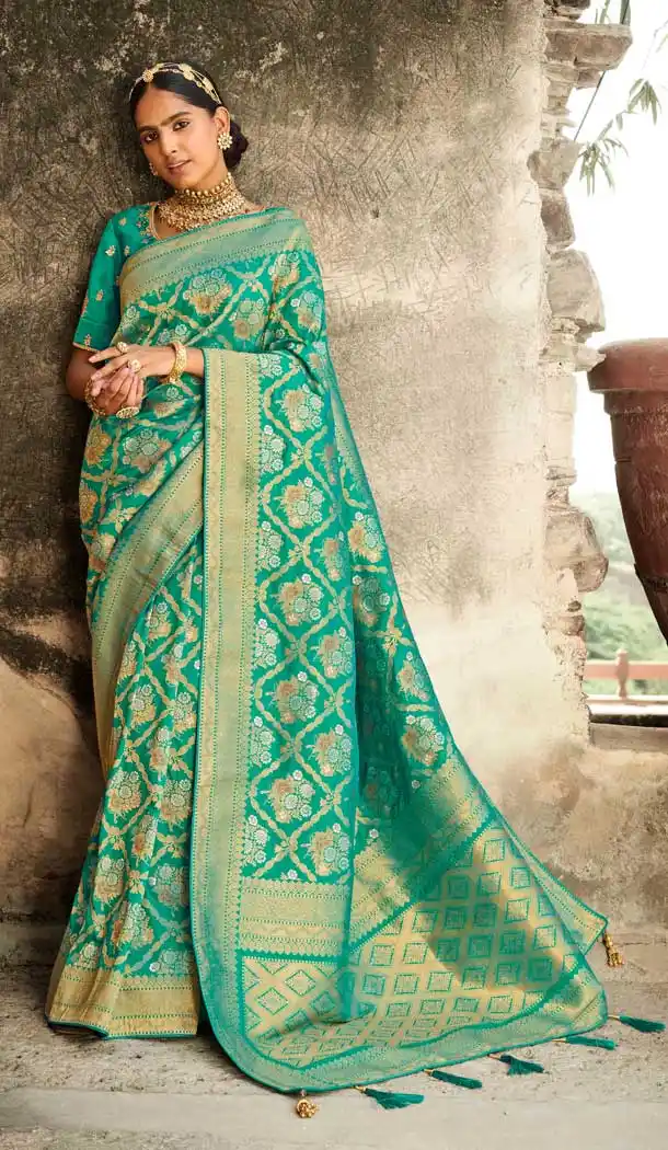 Classic Green Color Silk Jacquard Traditional Party Wear Designer Saree Blouse -2678141158