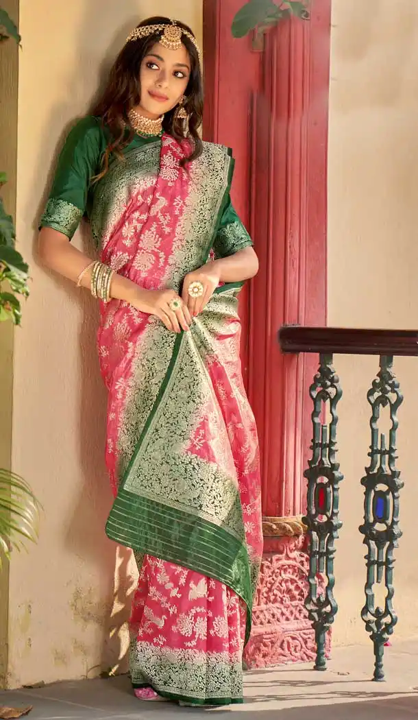 Pink And Green Color Silk Organza Traditional Party Wear Saree Blouse -2680141171