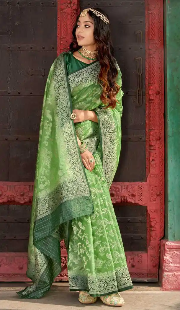 Pista Green Color Silk Organza Traditional Party Wear Saree Blouse -2680141173