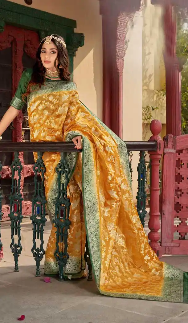 Mustard Color Silk Organza Traditional Party Wear Saree Blouse -2680141174