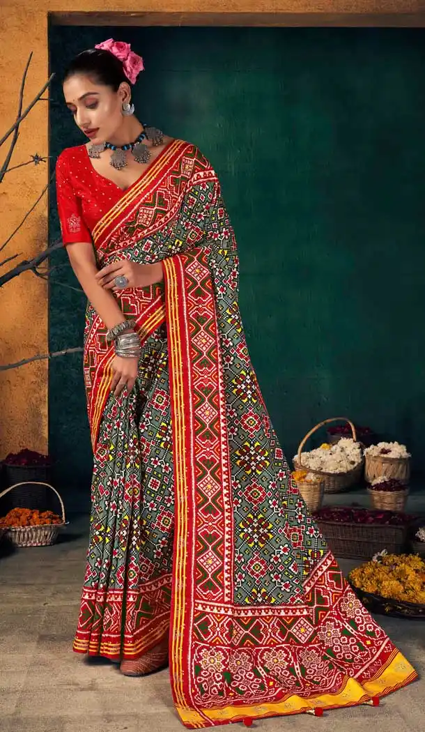 Red Color Dola Silk Foil Print Traditional Wear Patola Saree Blouse -2693141262