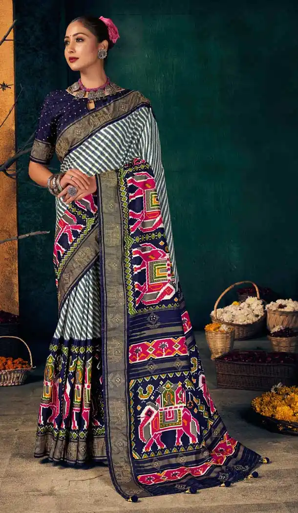 Navy Blue Color Dola Silk Foil Print Traditional Wear Patola Saree Blouse -2693141263