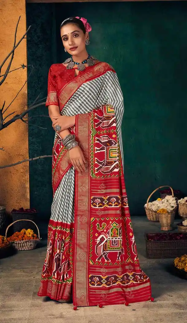 Alluring Red Color Dola Silk Foil Print Traditional Wear Patola Saree Blouse -2693141265