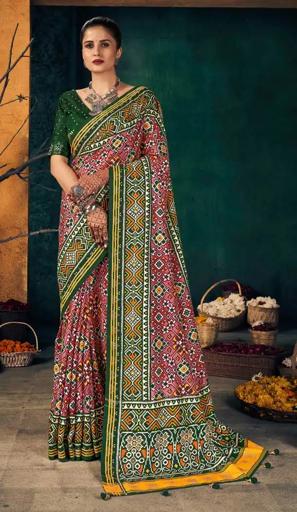 Green Color Dola Silk Foil Print Traditional Wear Patola Saree Blouse -2693141266