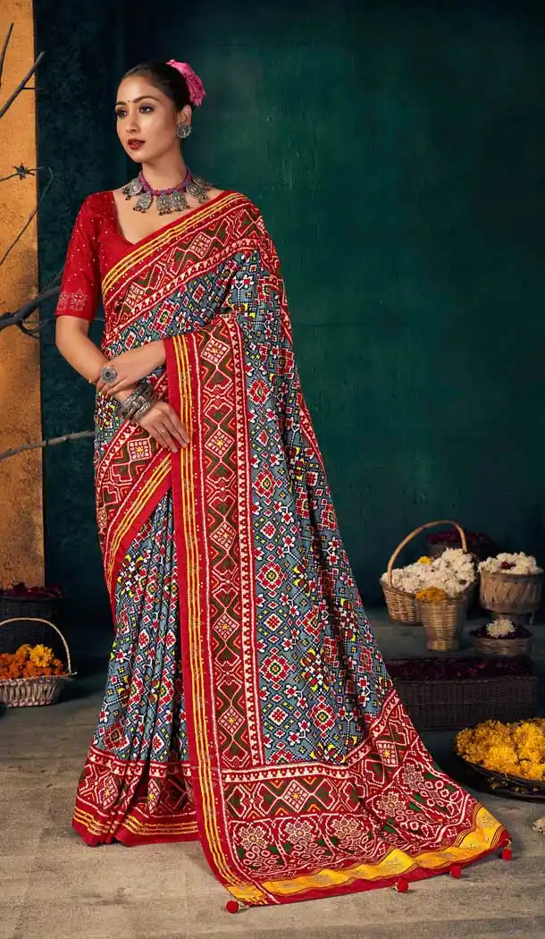 Gleaming Red Color Dola Silk Foil Print Traditional Wear Patola Saree Blouse -2693141268