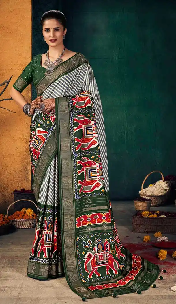 Green Color Dola Silk Foil Print Traditional Wear Patola Saree Blouse -2693141269