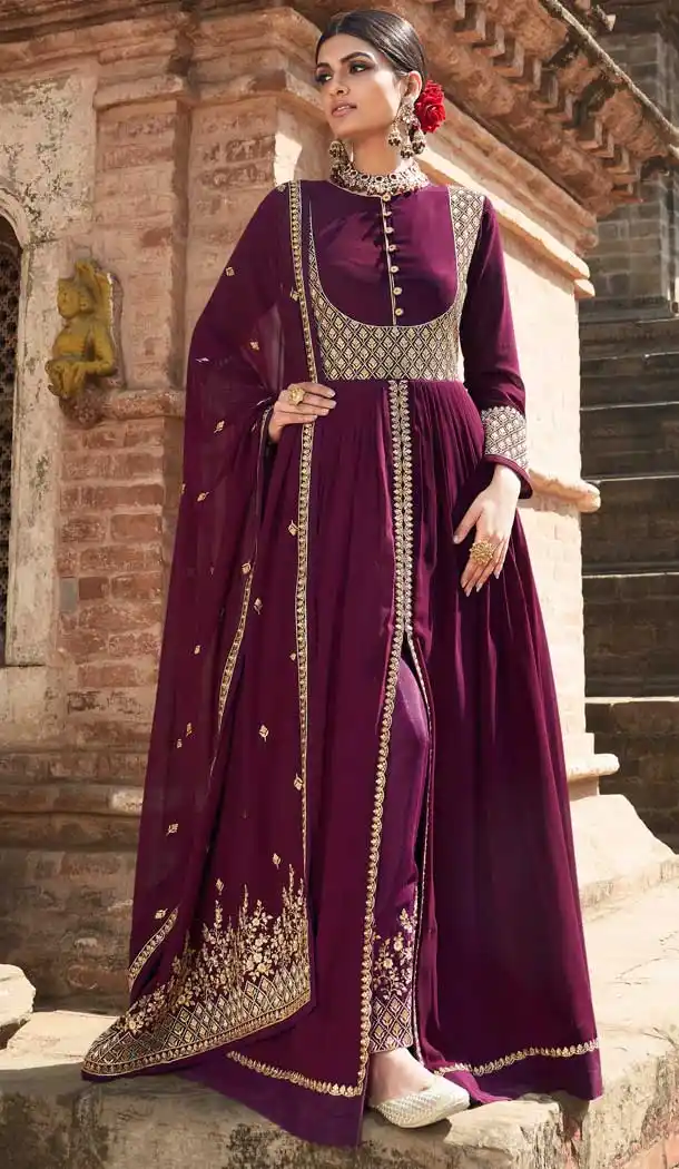 Wine Color Georgette Embroidery Pakistani Wear Anarkali Salwar Kameez -2694141271