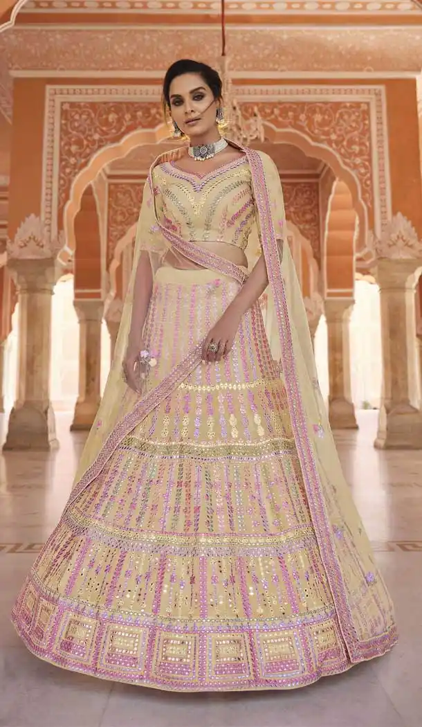 Divine Straw Color Organza Designer Bridal Wedding Wear Lehenga Choli -2695141277