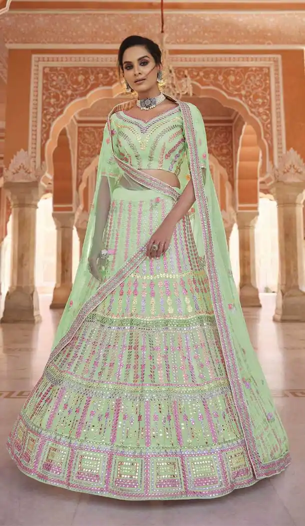 Light Green Color Organza Designer Bridal Wedding Wear Lehenga Choli -2695141278