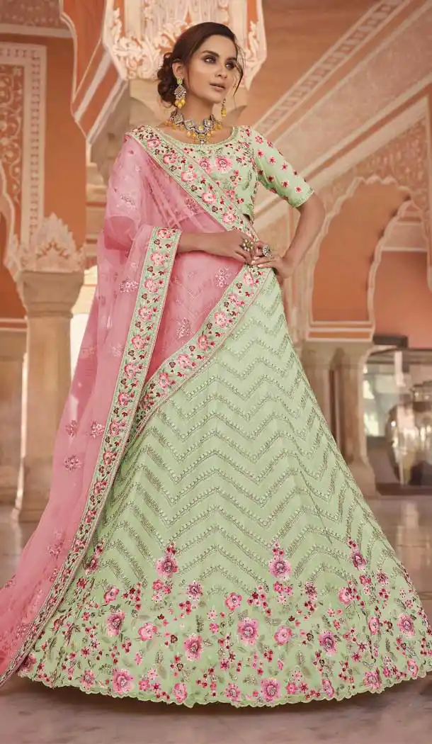 Pastel Green Color Georgette Designer Bridal Wedding Wear Lehenga Choli -2695141279