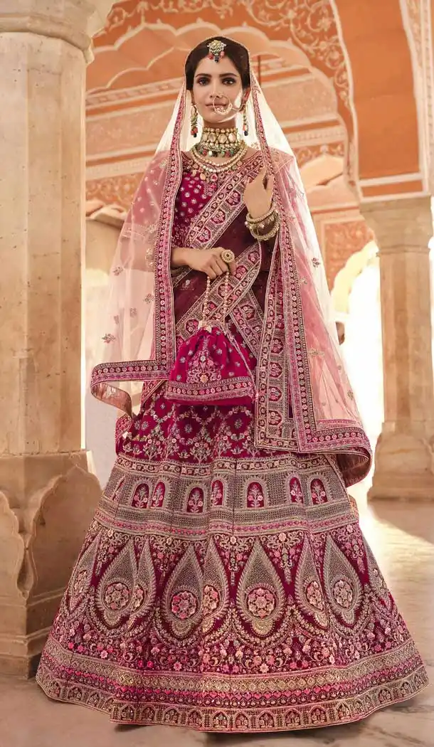 Fuchsia Color Velvet Designer Bridal Wedding Wear Lehenga Choli -2695141281