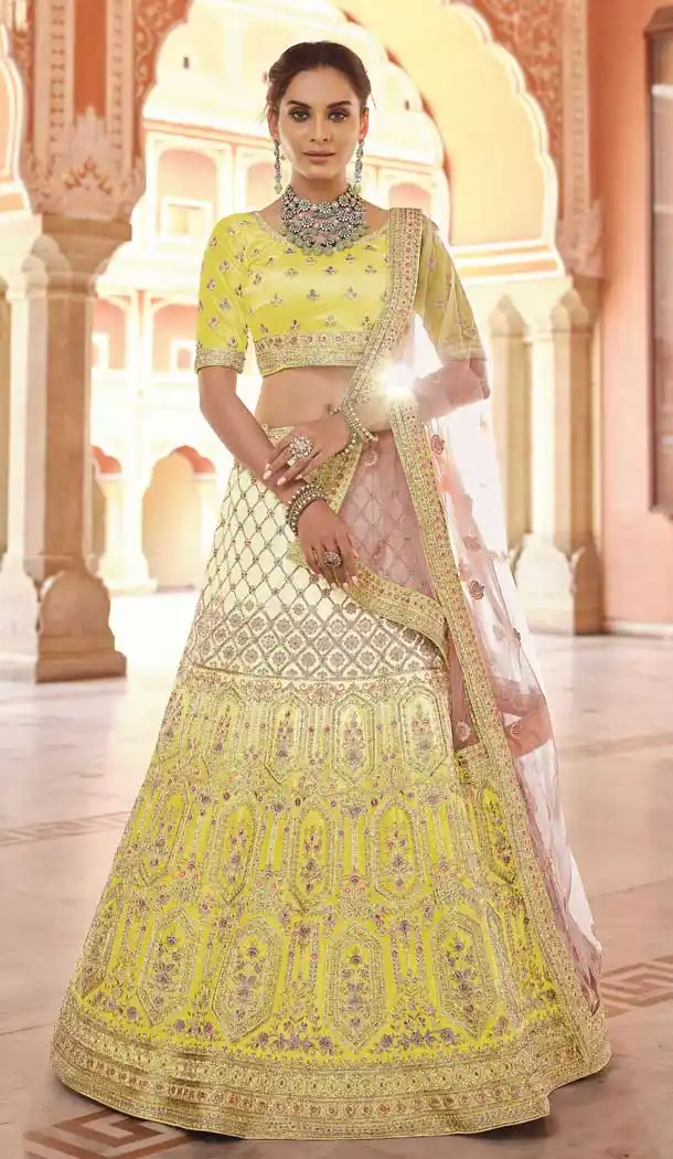Lemon Yallow Color Velvet Designer Bridal Wedding Wear Lehenga Choli -2695141282