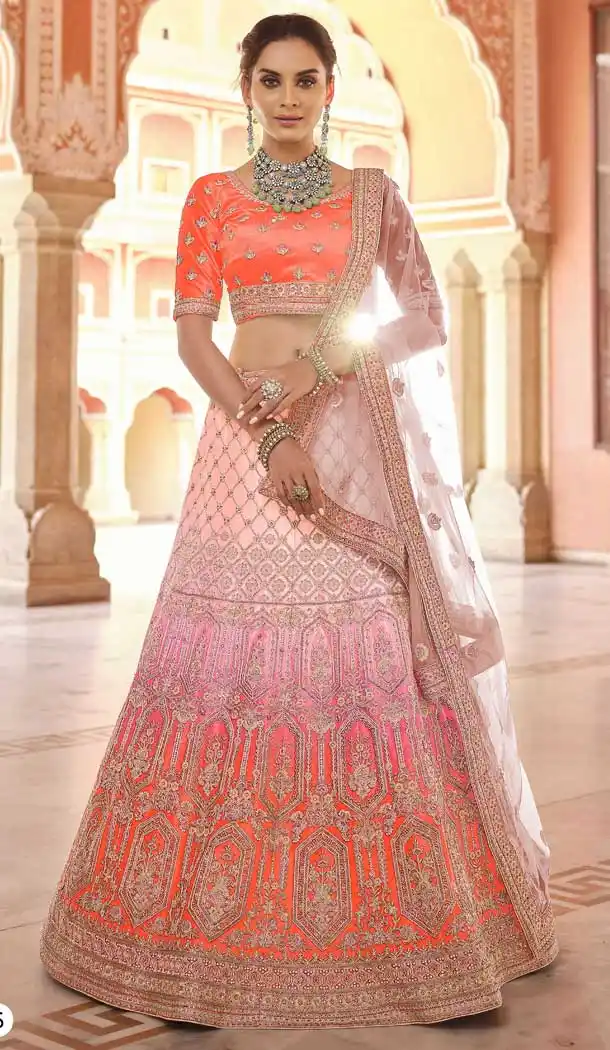 Orange Pink Color Velvet Designer Bridal Wedding Wear Lehenga Choli -2695141283