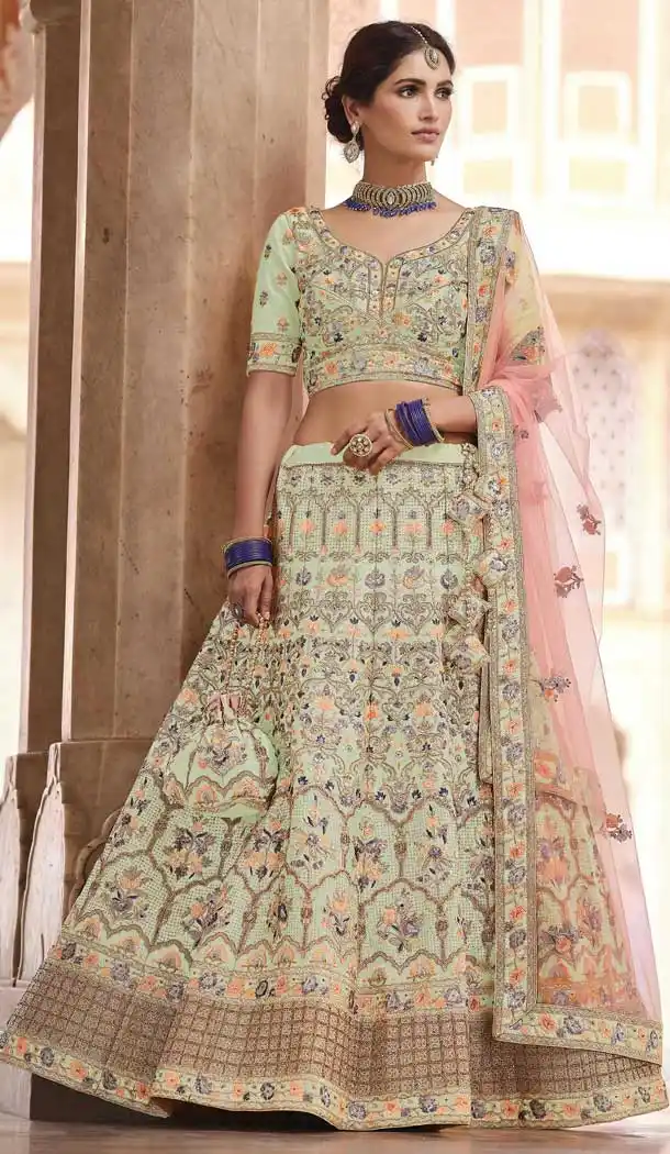 Light Green Color Crepe Designer Bridal Wedding Wear Lehenga Choli -2695141285