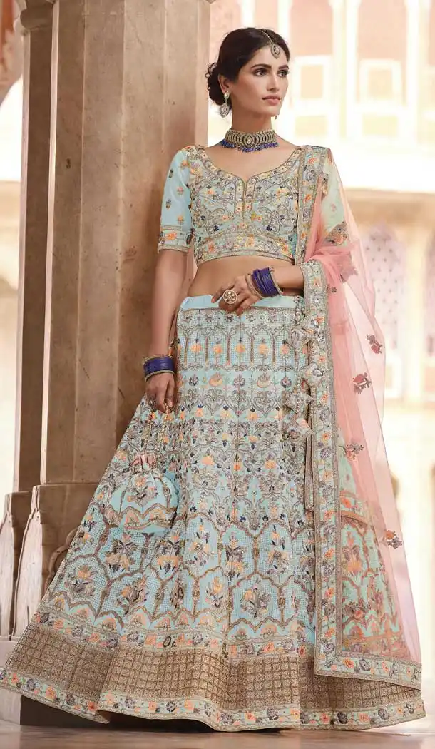 Mint Green Color Crepe Designer Bridal Wedding Wear Lehenga Choli -2695141286