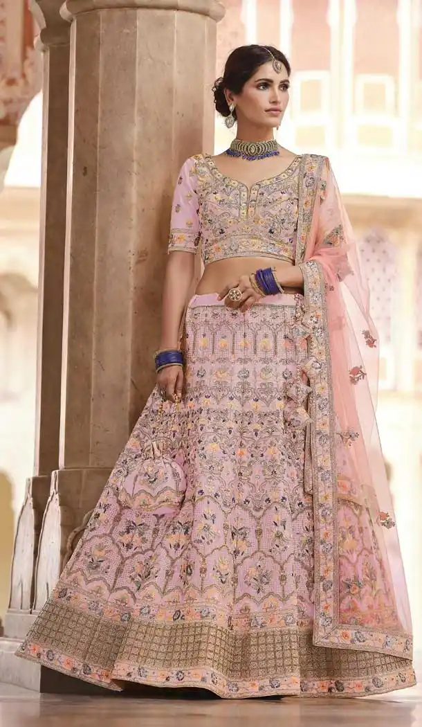 Flamingo Pink Color Crepe Designer Bridal Wedding Wear Lehenga Choli -2695141287
